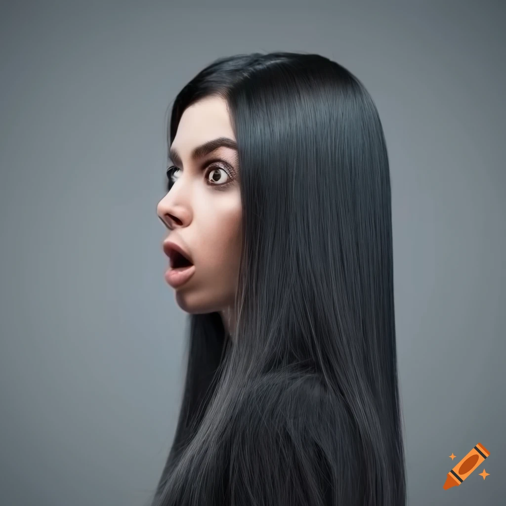 Portrait of a woman with straight black hair looking scared with expressive eyes