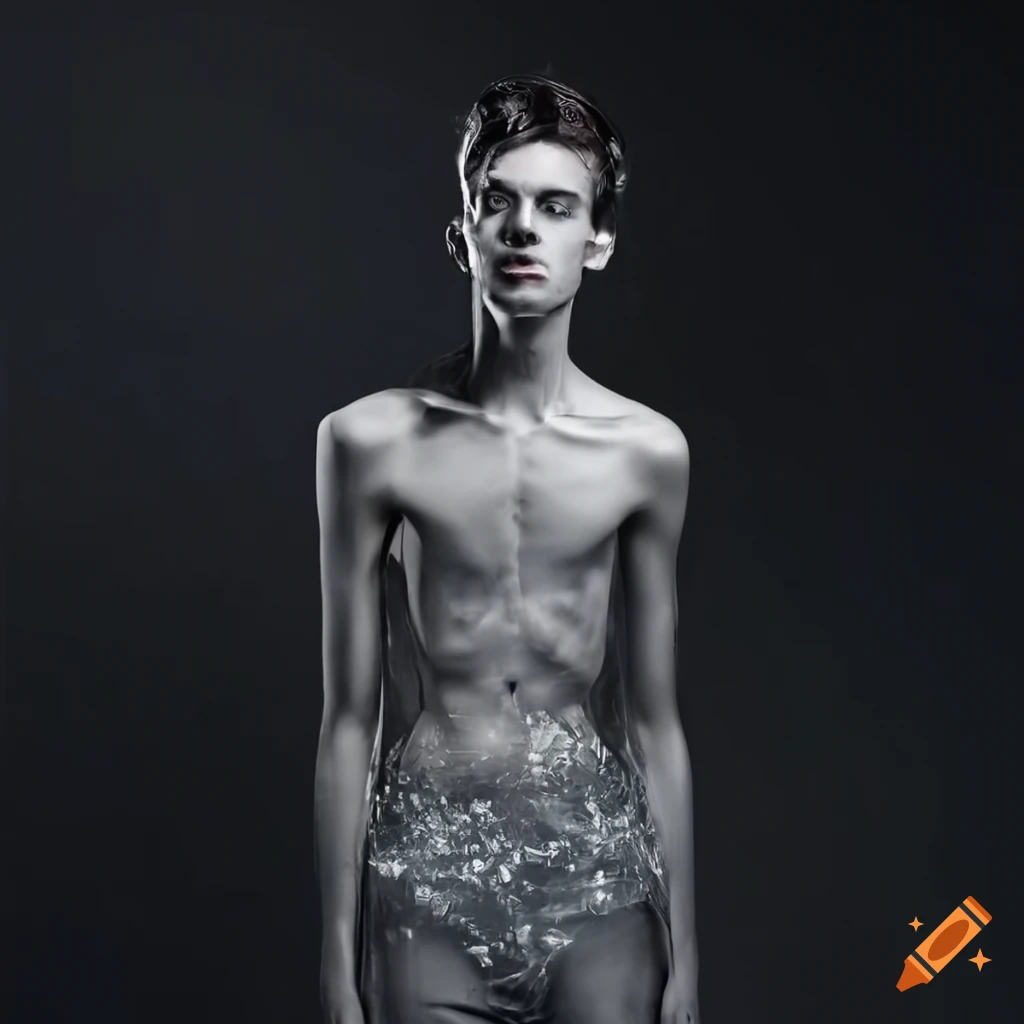 Hyperrealistic image of a man made of transparent crystal shards