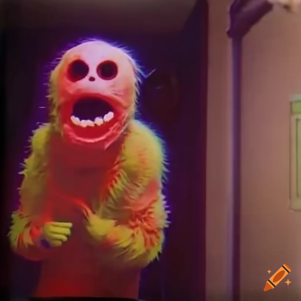 Colorful children's mascot monster in a school hallway from a VHS recording