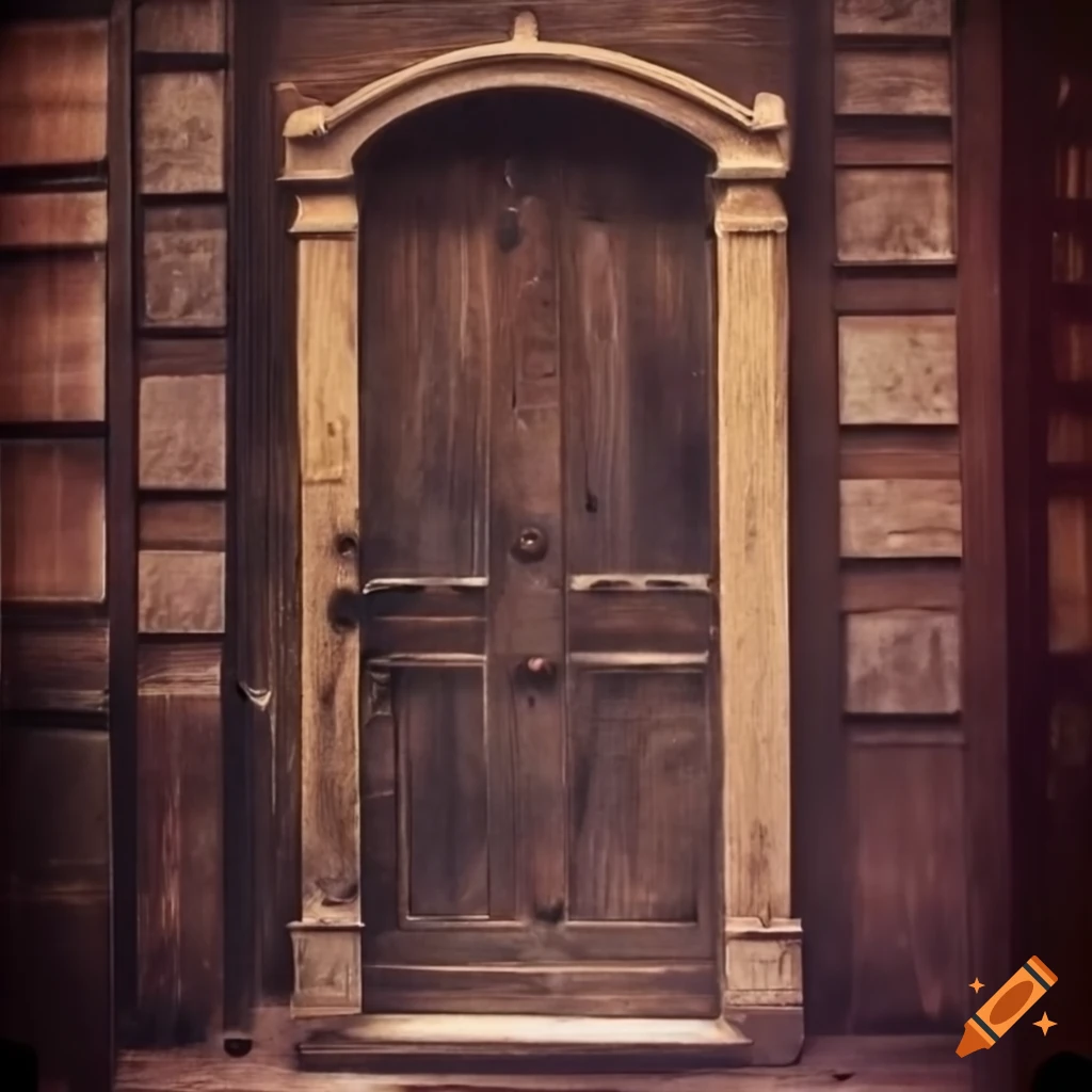 Vintage polaroid of an old oak door with iron handle in darkness