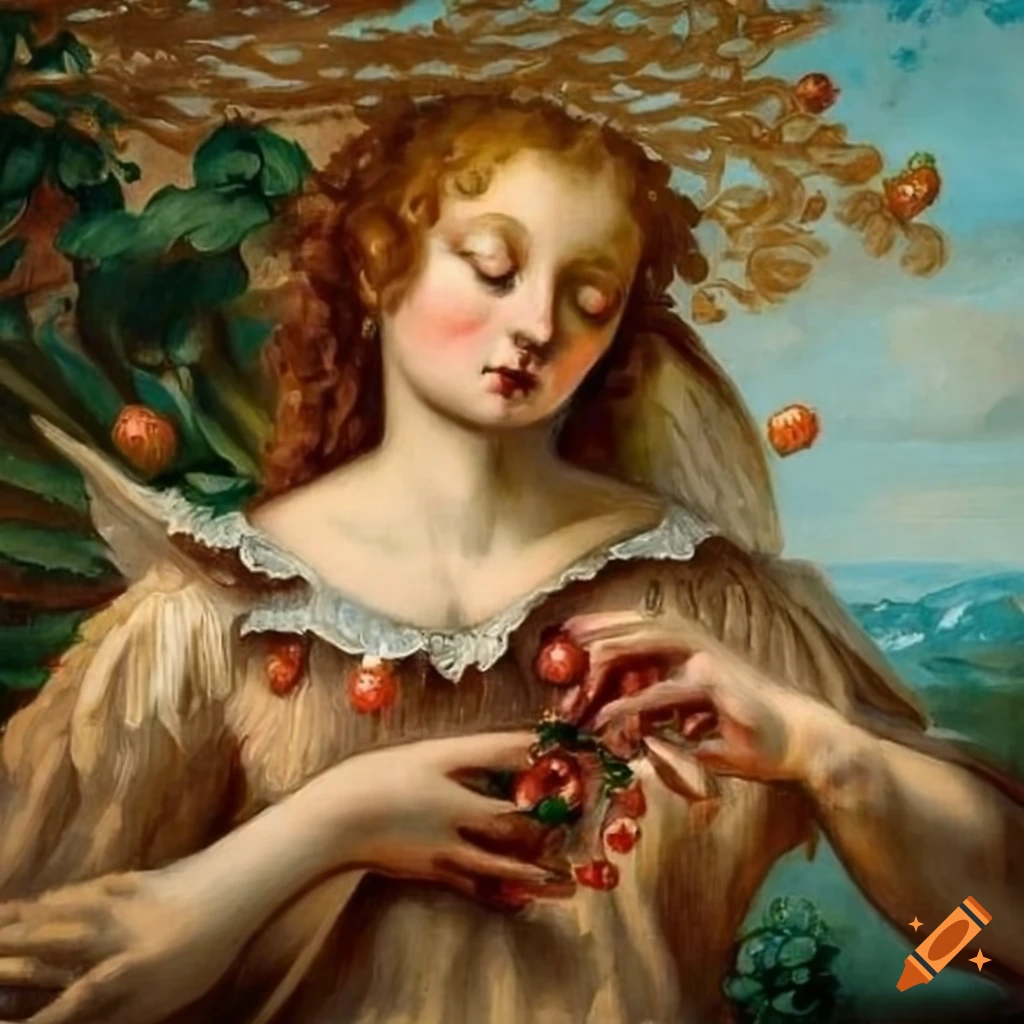 Group of angels frolicking in a strawberry field with gold leaf touches