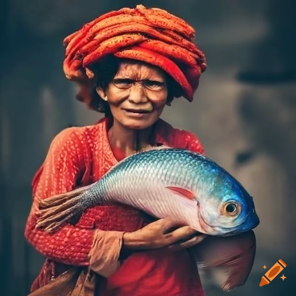 Fish seller at bazaar with red, white, and blue fish