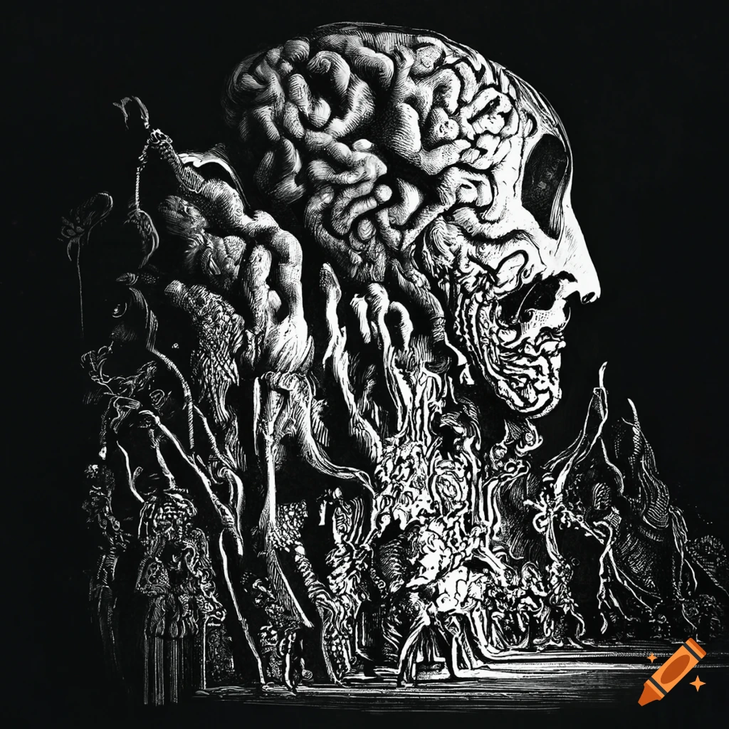 Gustave Dore inspired art deco style funeral of brains in white ink on black