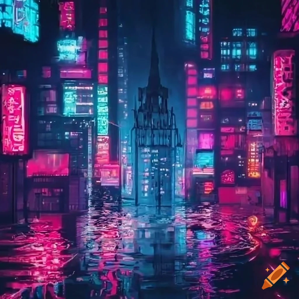 Cyberpunk city at night with red neon lights and rain on Craiyon