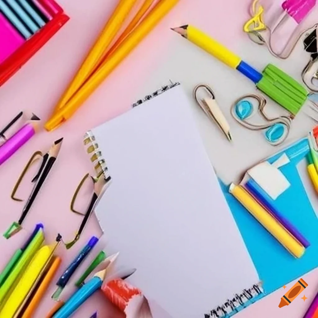 Stationery items including notebooks, pens, pencils, erasers, and paper clips on a simple and clean background
