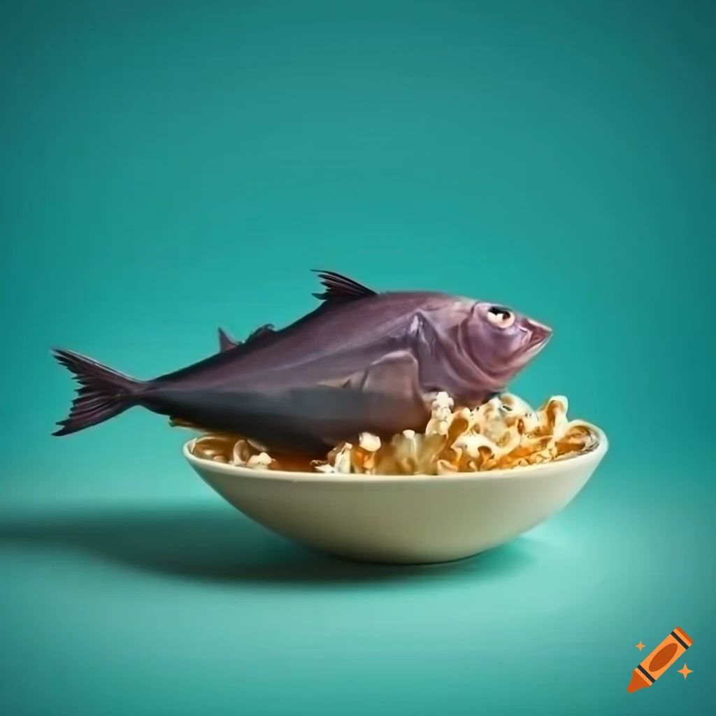 Tuna fish and popcorn on a plate with teal background