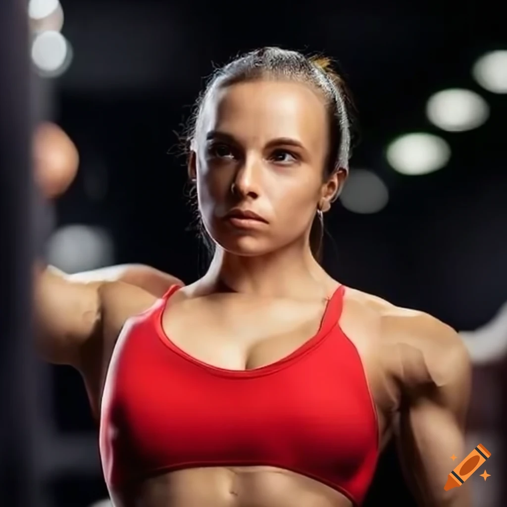 Female bodybuilder demonstrating strength at a fitness expo