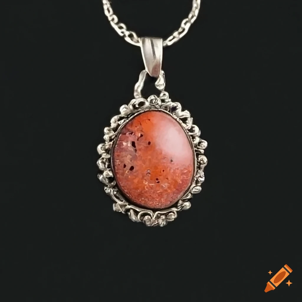 Antique silver chain with coral inlay pendant