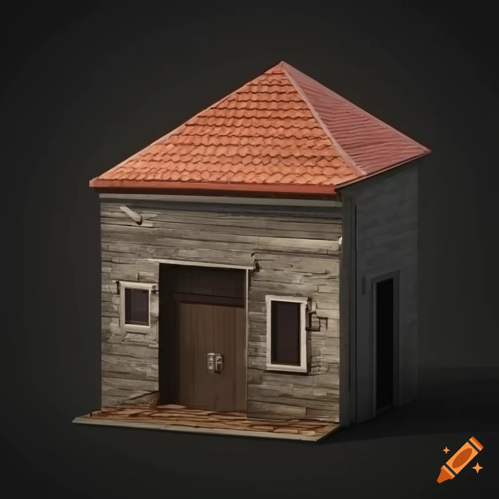 3D rendering of small square building with pitched lean-to roof and exposed rafters