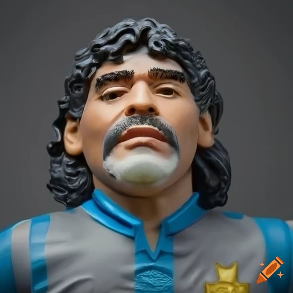 Diego Maradona hyperrealistic action figure on grey background
