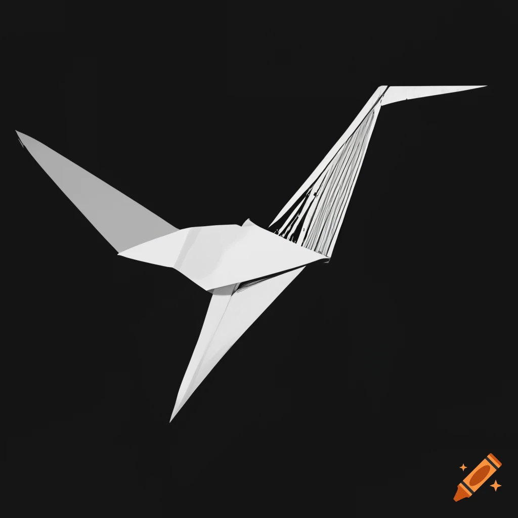 Minimal clip art style logo of a black and white origami-inspired paper crane