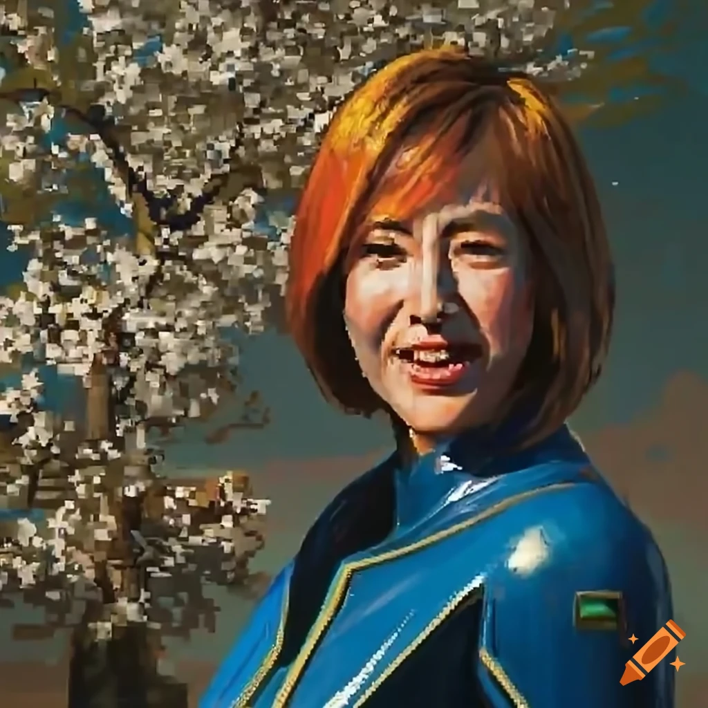 Photorealistic depiction of smiling idol actress in blue vault-suit under a blooming cherry