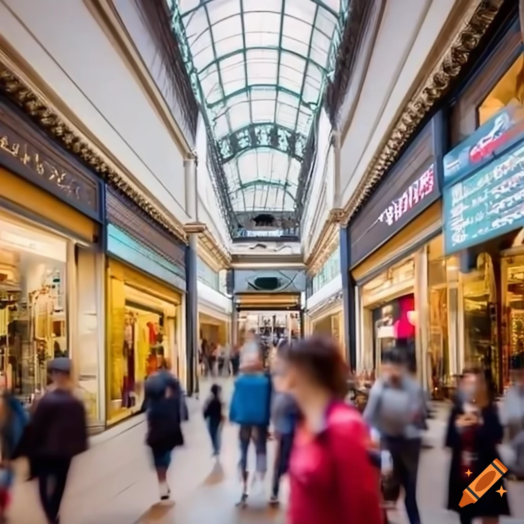 Busy shopping mall with storefronts and crowds of shoppers