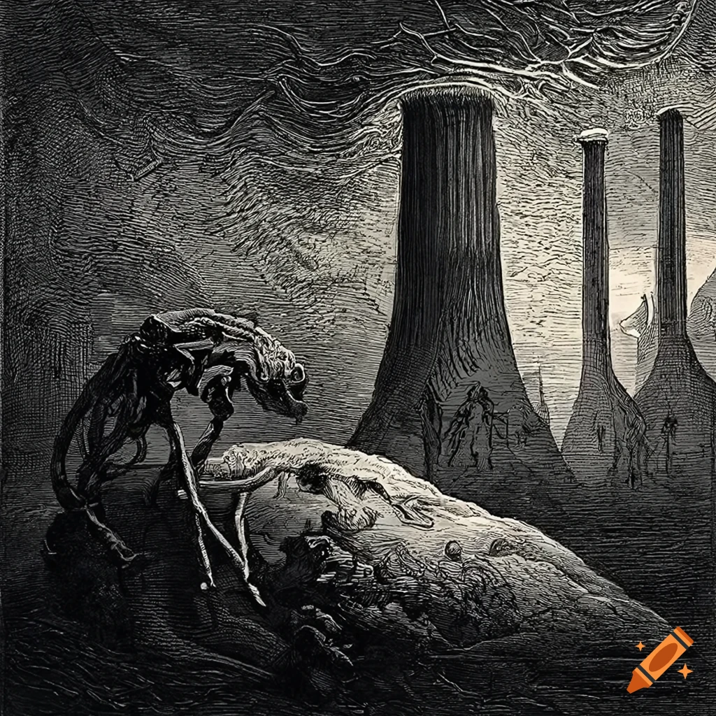 Surreal white ink art with animal skeleton and industrial smokestacks