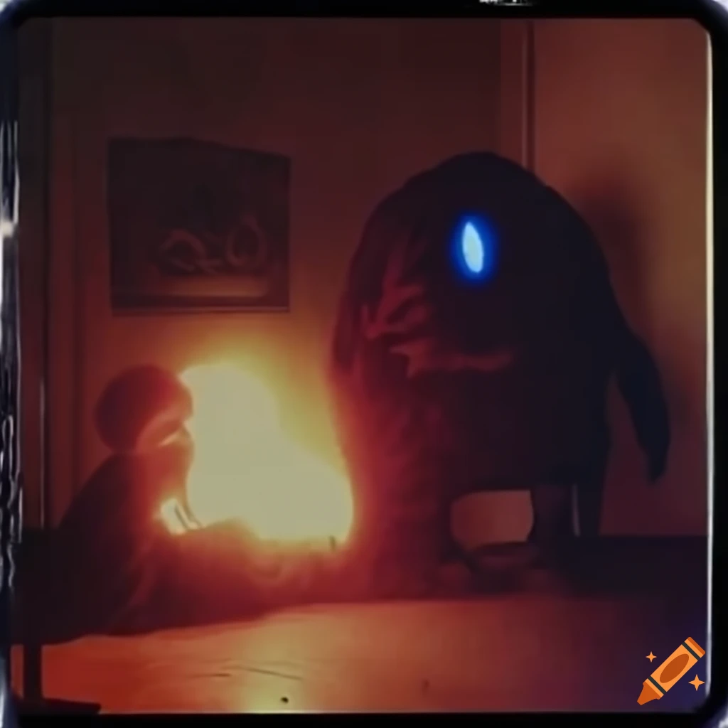 Colorful children's mascot monster in a school hallway from a VHS recording