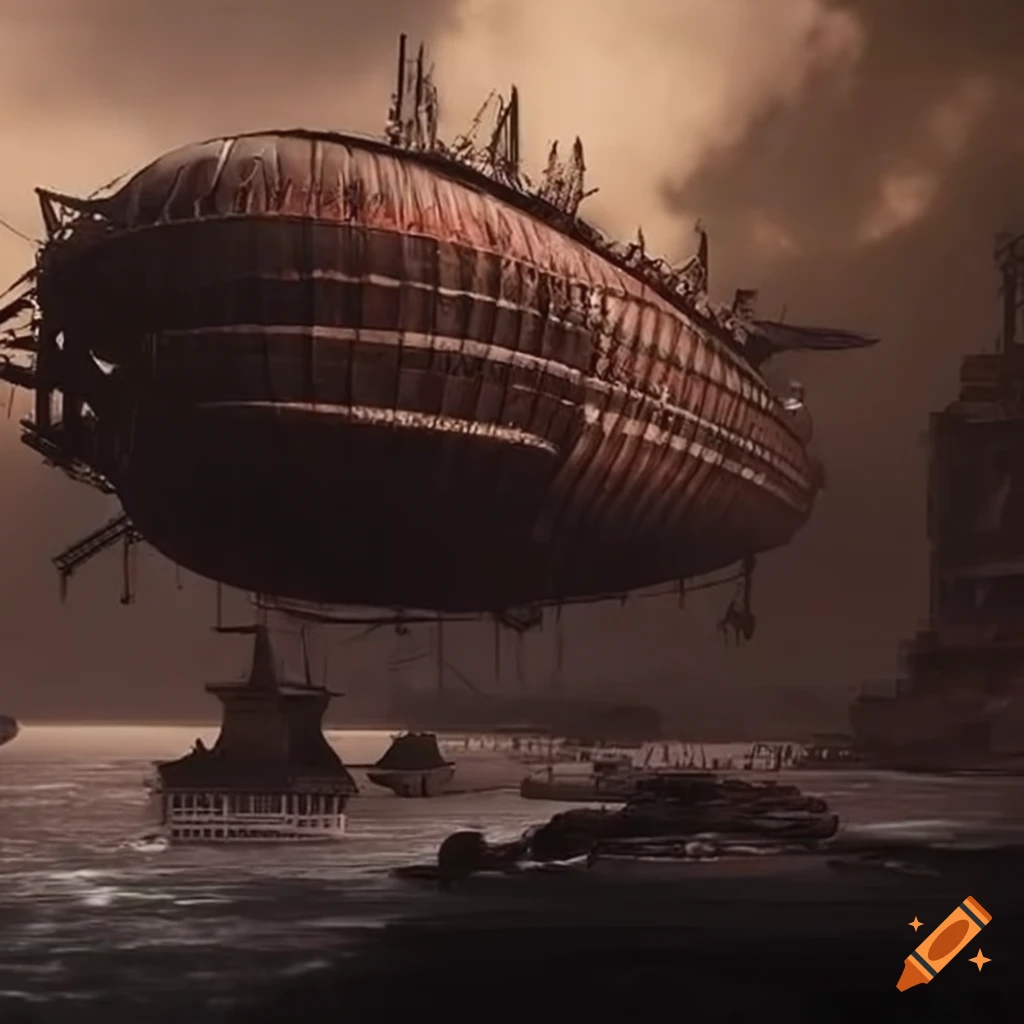 Steam-punk fantasy airship resembling a huge ark in a post-apocalyptic ...