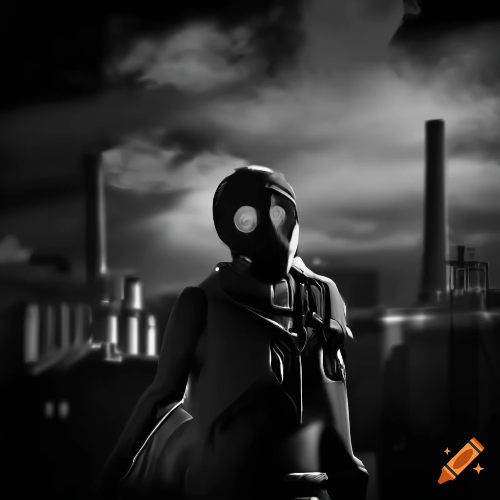 Gas masked figure in a 32-bit video game style with industrial smokestacks