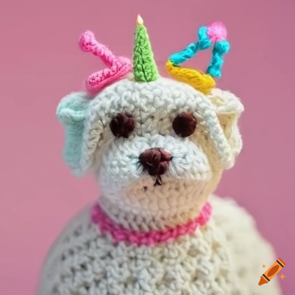 Crochet Maltese dog with a birthday theme