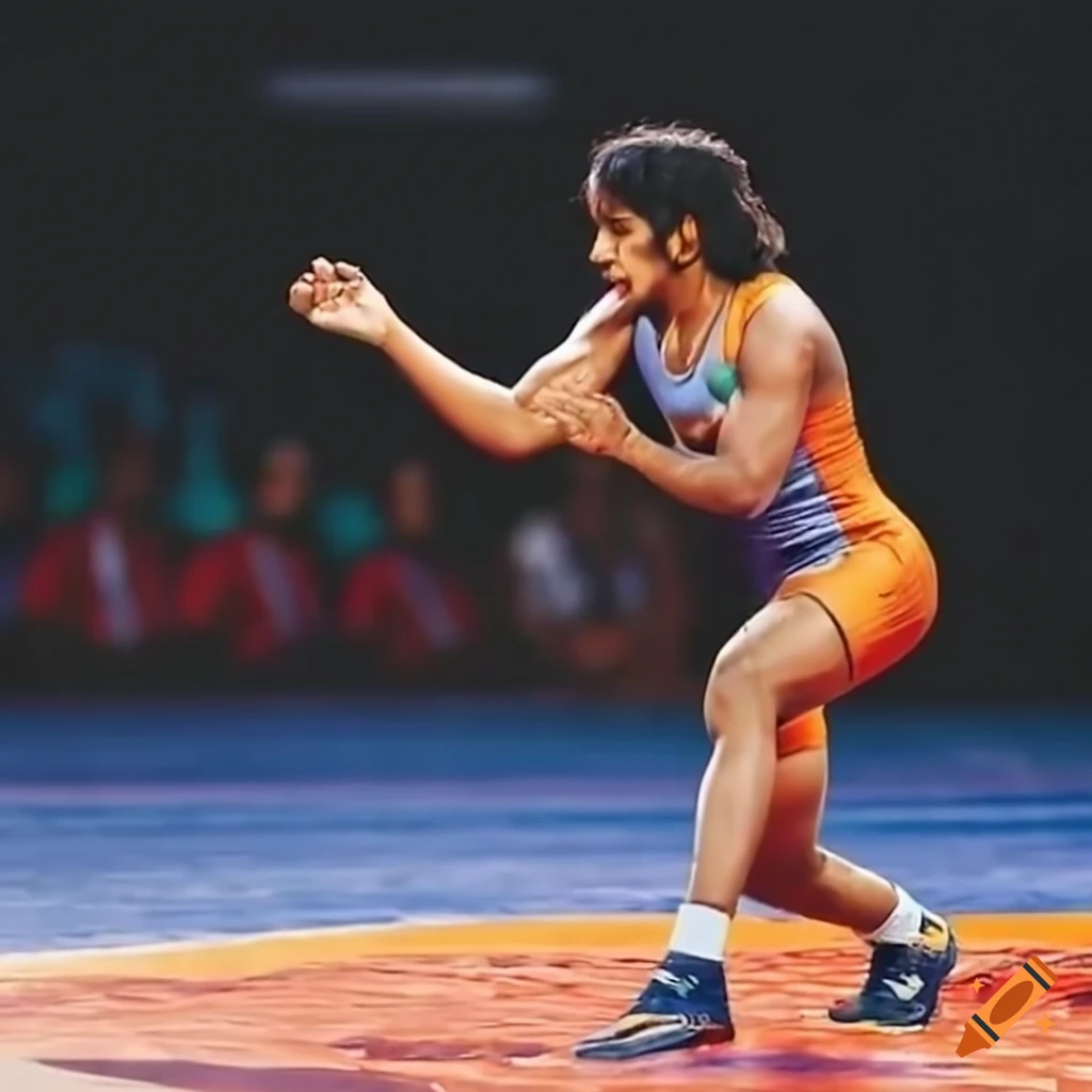 Vinesh Phogat demonstrating wrestling moves on a professional mat