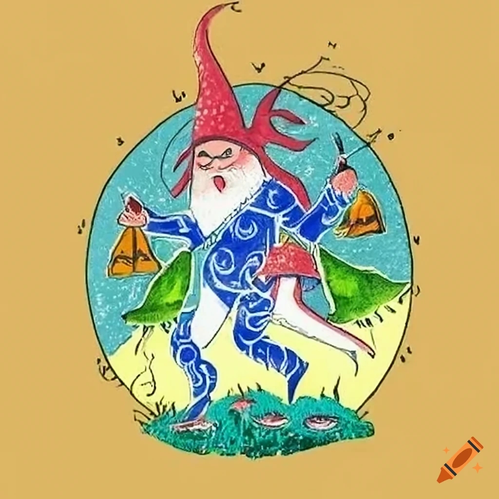 Inuit folk art drawing of gnomes mining a glowing relic from Pandora's box with devils and demons emerging