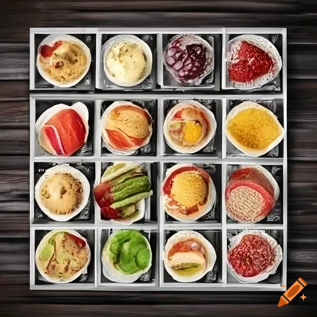Vibrant poster with fruits, vegetables, prepared dishes, desserts, and sandwiches