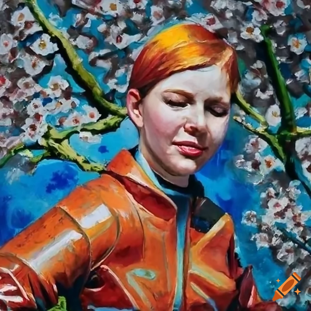 Hyperrealistic painting of a smiling idol actress in blue leather vault-suit sleeping under cherry blossoms in a Fallout 4 scene