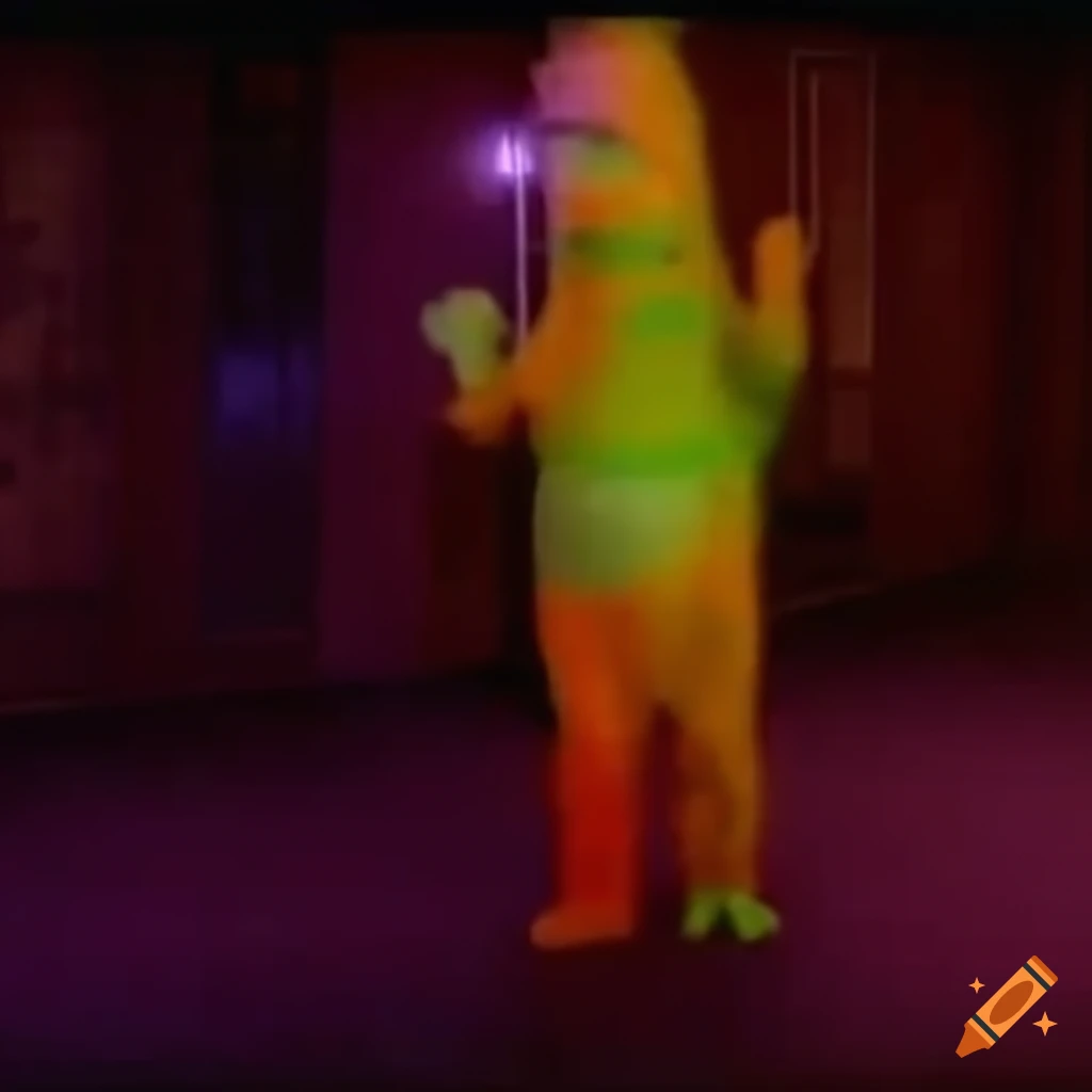 Colorful children's mascot monster in a school hallway from a VHS recording