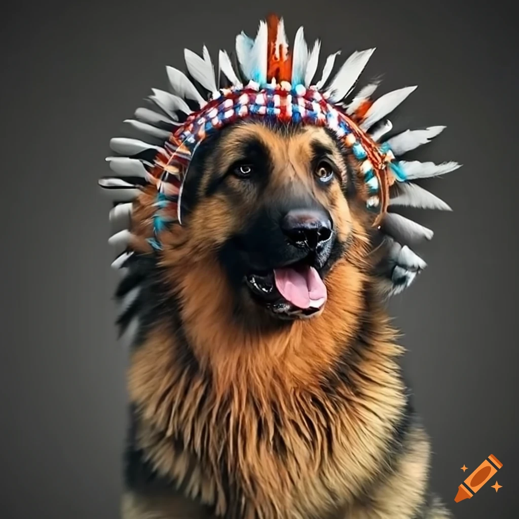 German Shepherd wearing a Native American headdress