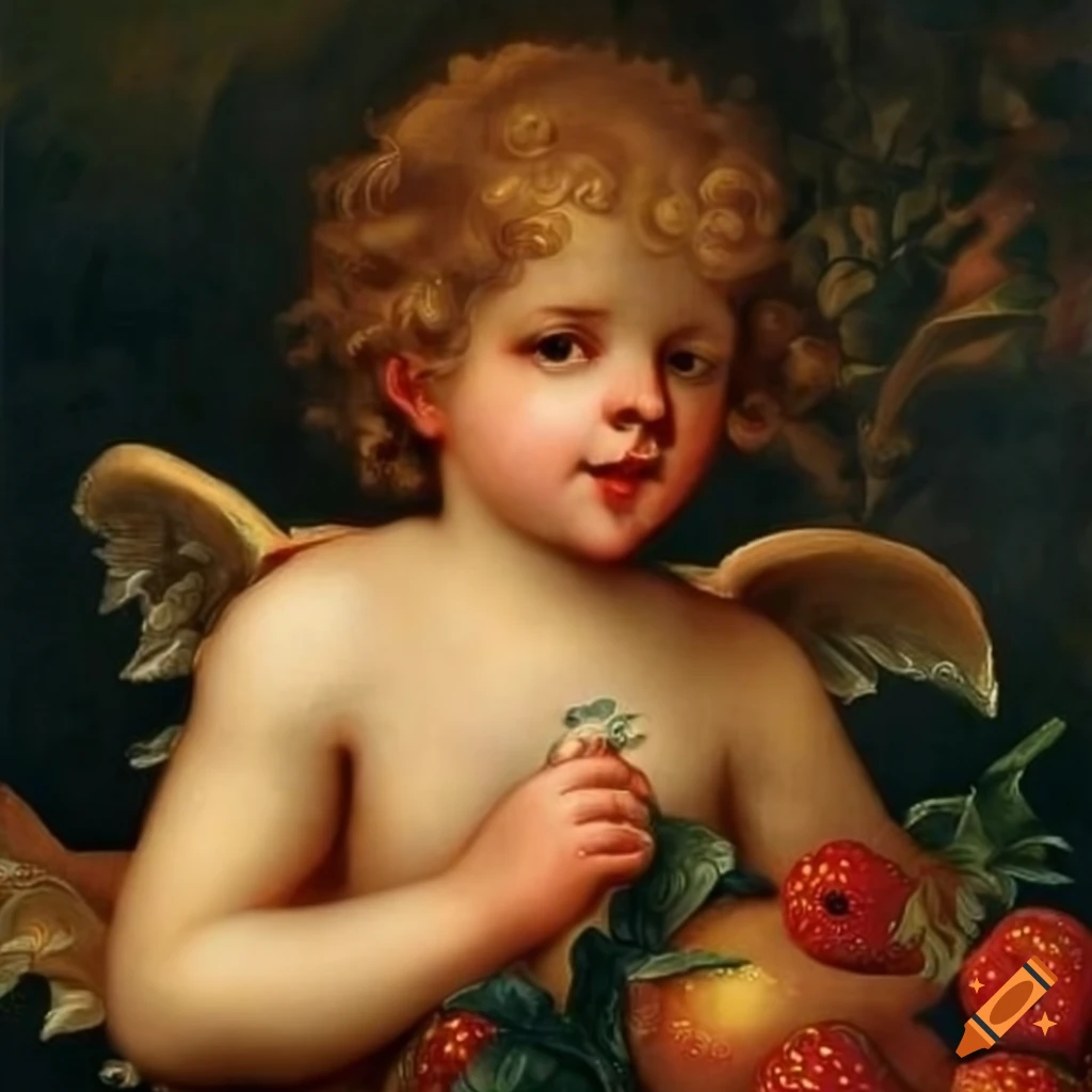 Renaissance painting of cherubs picking strawberries with gold leaf details