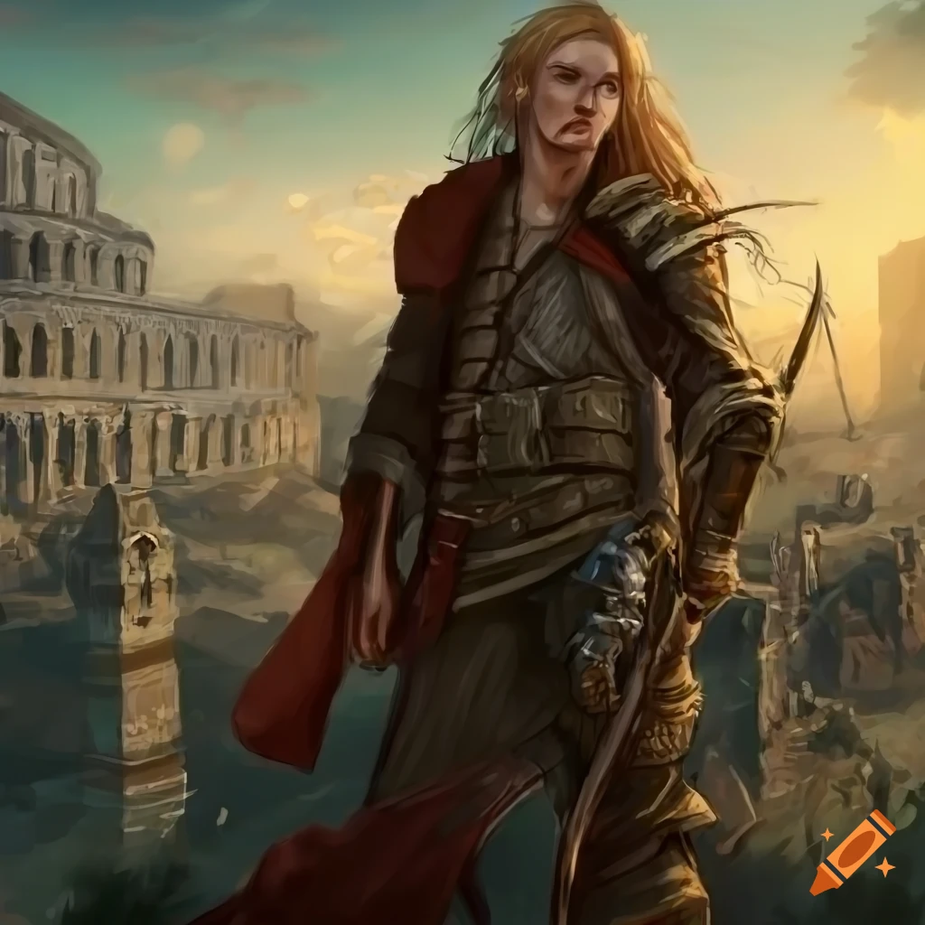 Rugged blond ranger watching over a Roman city from a lookout tower in fantasy art style