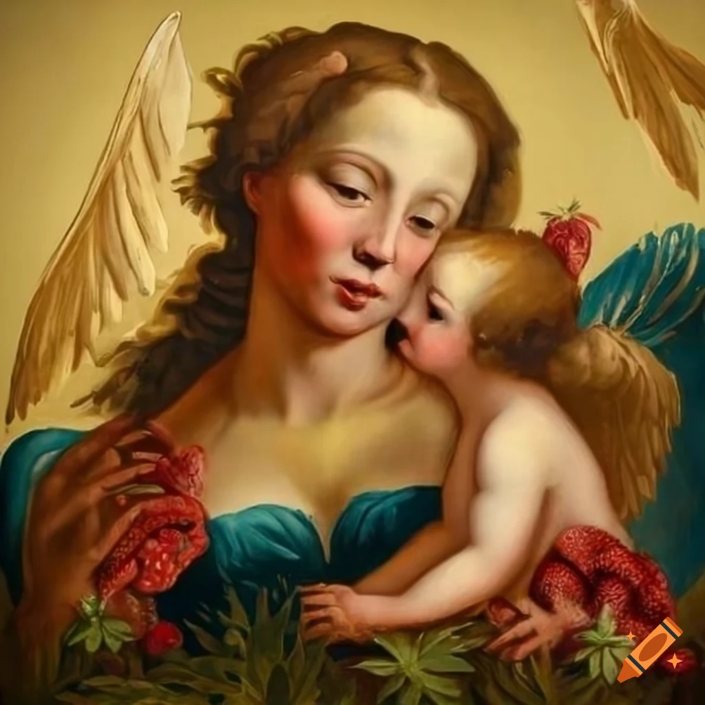 Group of angels frolicking in a strawberry field with gold leaf touches