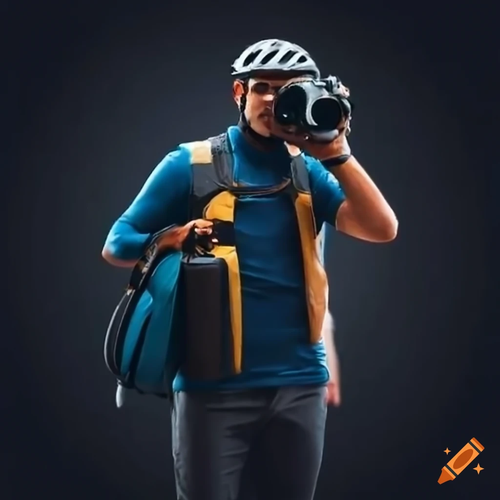 Cyclist with camera gear taking a photo