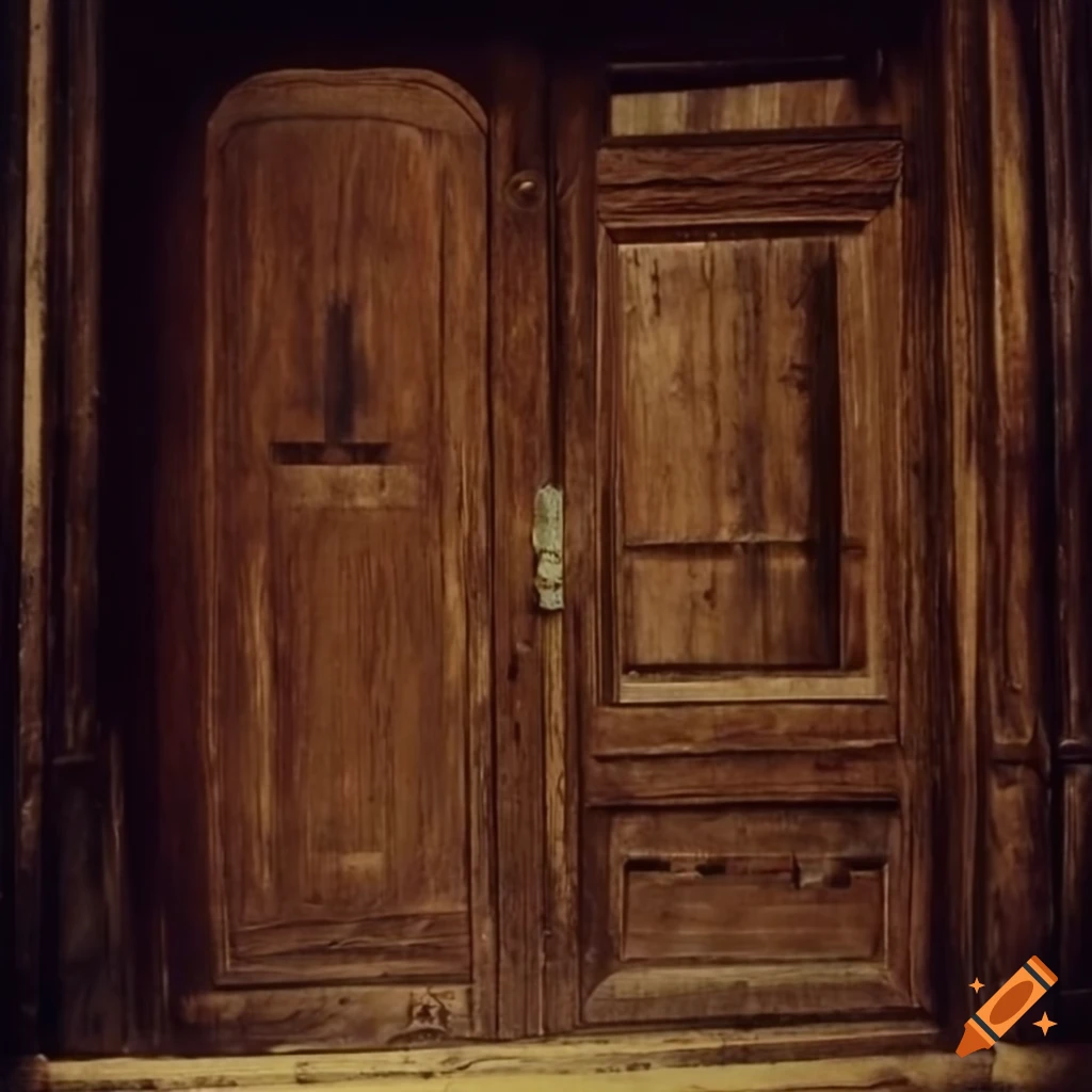 Old oak door with iron handle in the darkness reminiscent of vintage films