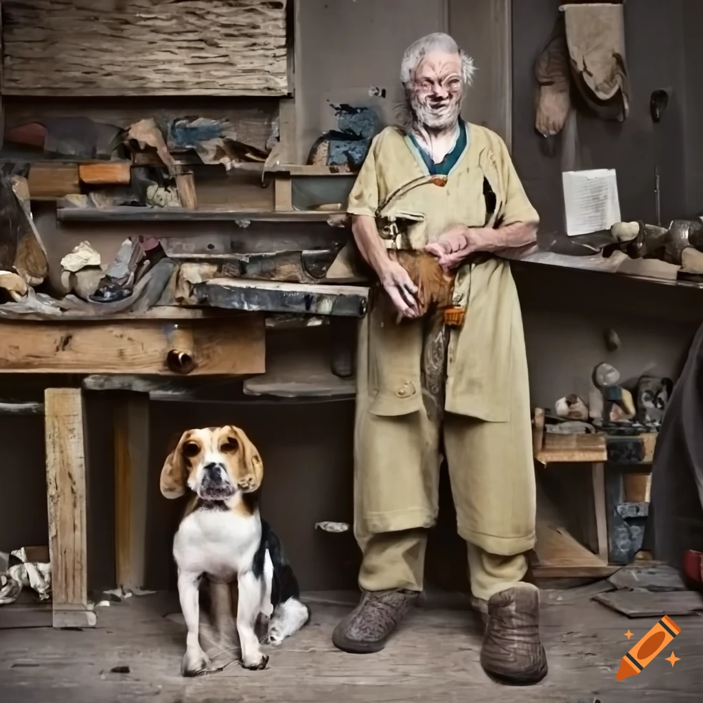 Lean carpenter in workshop with a beagle dog