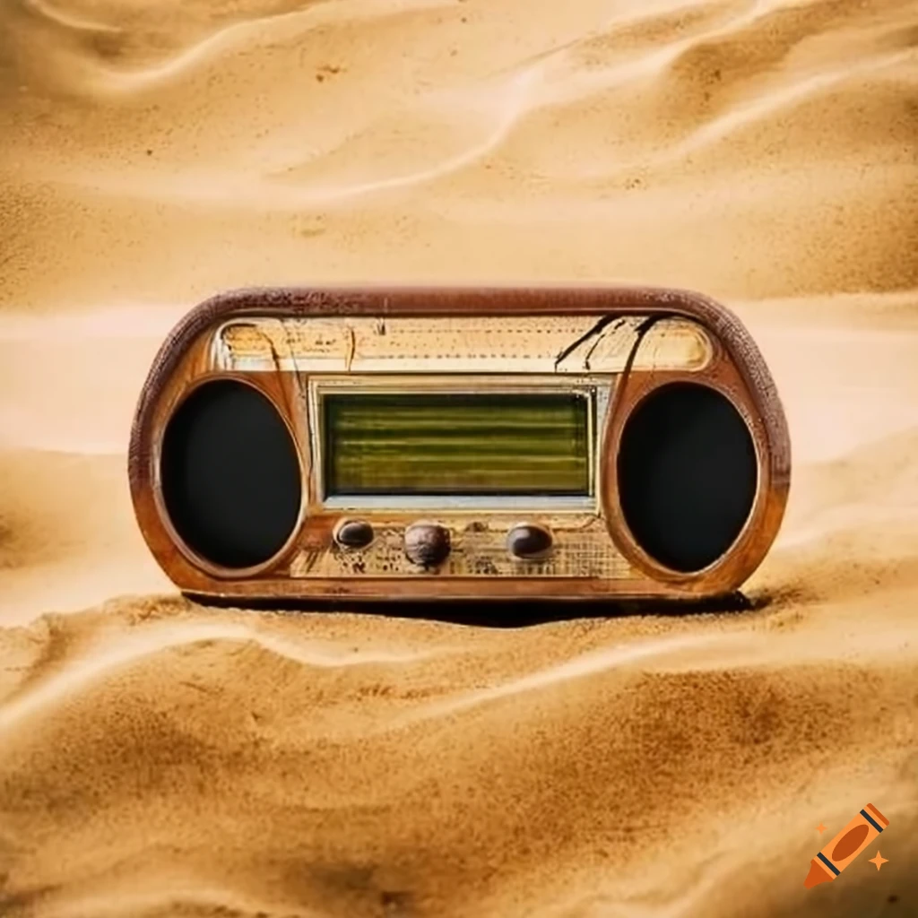 Distressed radio half-buried in golden sand near clear water with gentle waves