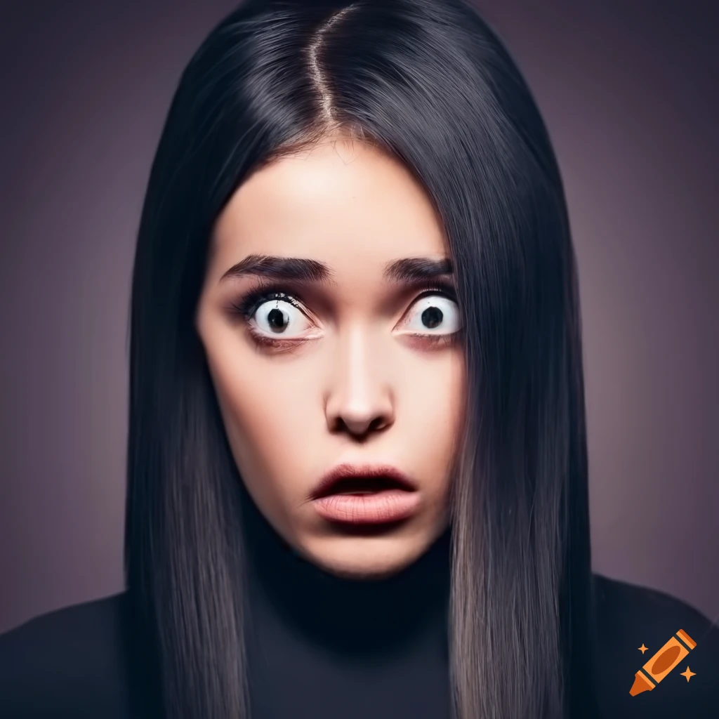 Portrait of a woman with straight black hair looking scared with expressive eyes