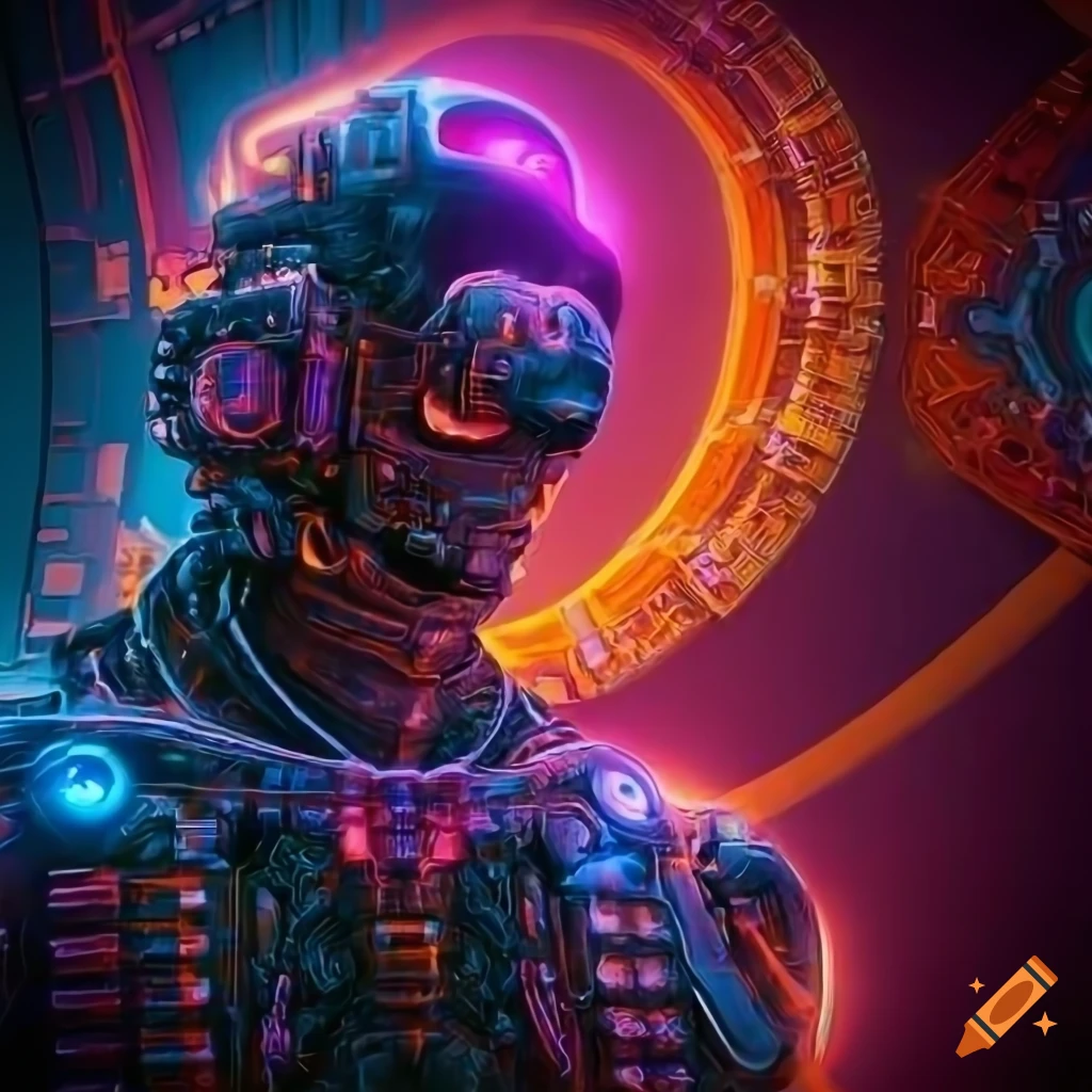 Cyberpunk sci-fi male cyborg with fractal background and computer elements
