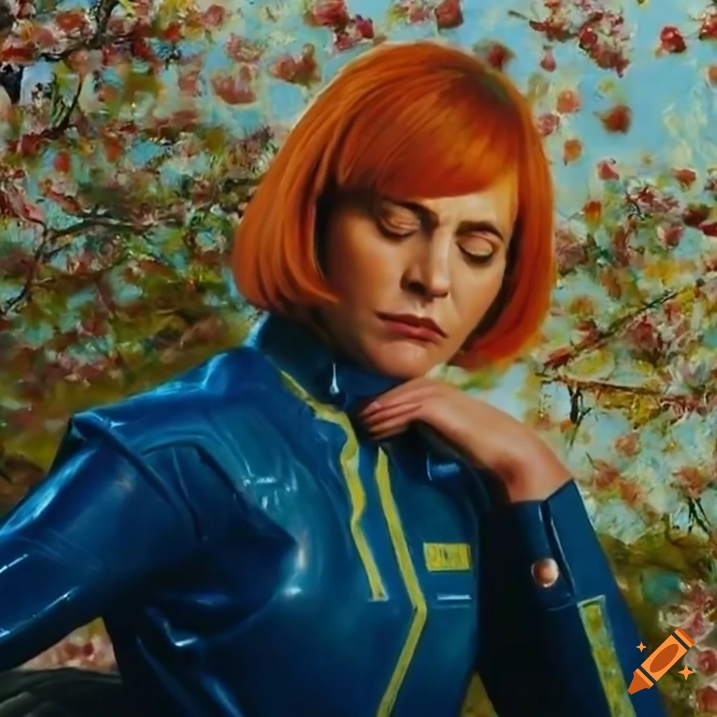 Fallout 4 character in blue vault-suit sleeping under a cherry tree