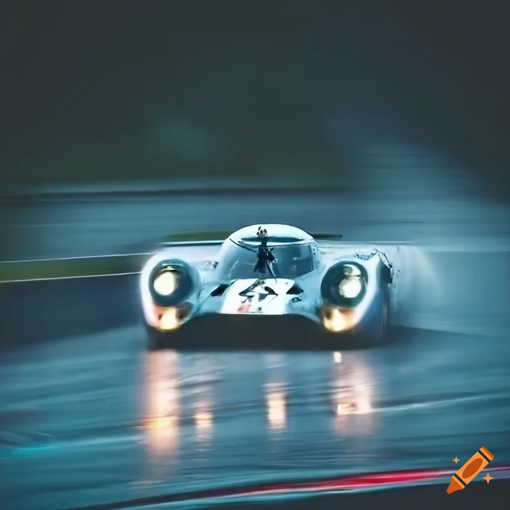 Porsche 917 cars drifting in heavy rain on Le Mans racetrack