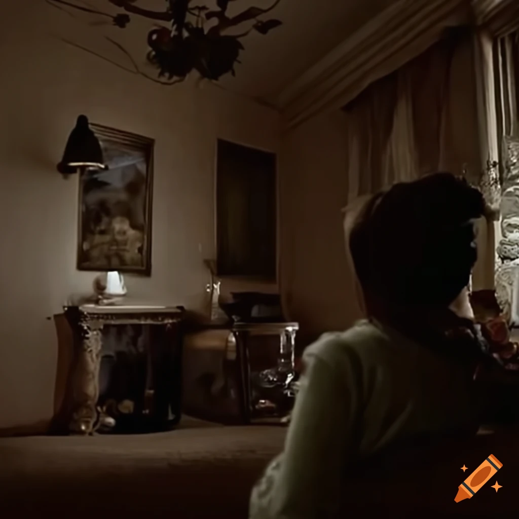 1970s family having a dreary dinner with ghosts outside the window