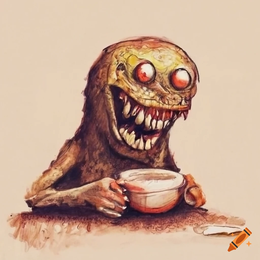 Monsters enjoying breakfast in a vintage drawing