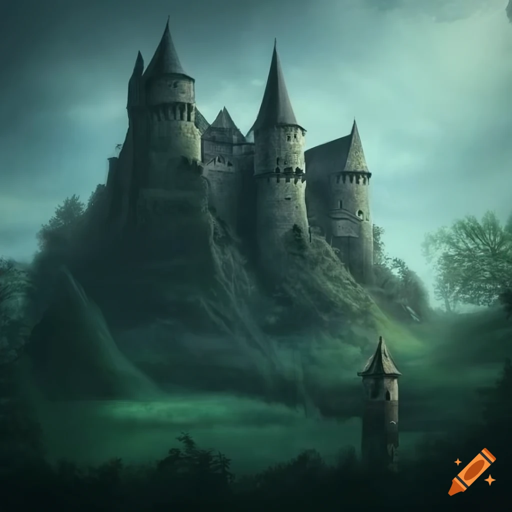 Old castle in a medieval fantasy setting surrounded by a light forest