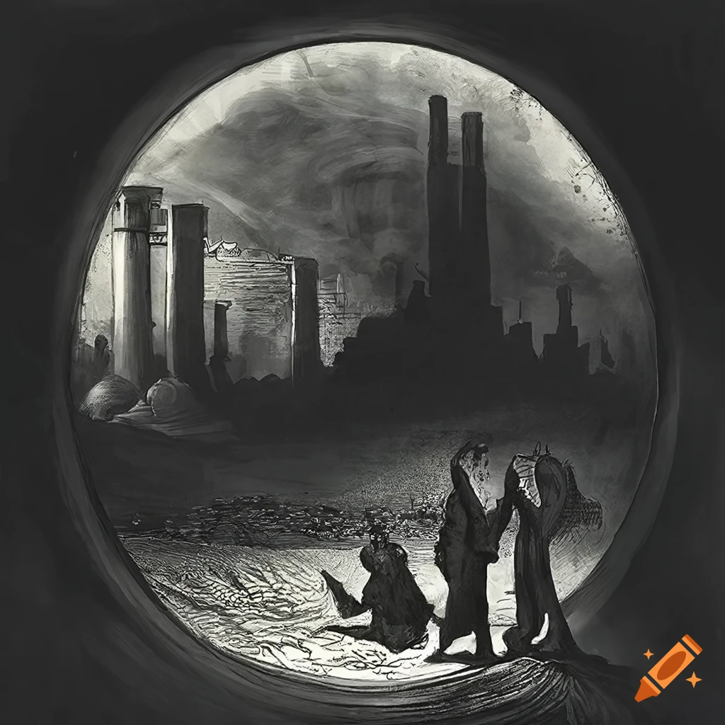 Surreal white on black art with a gas masked figure and industrial factory in a wasteland