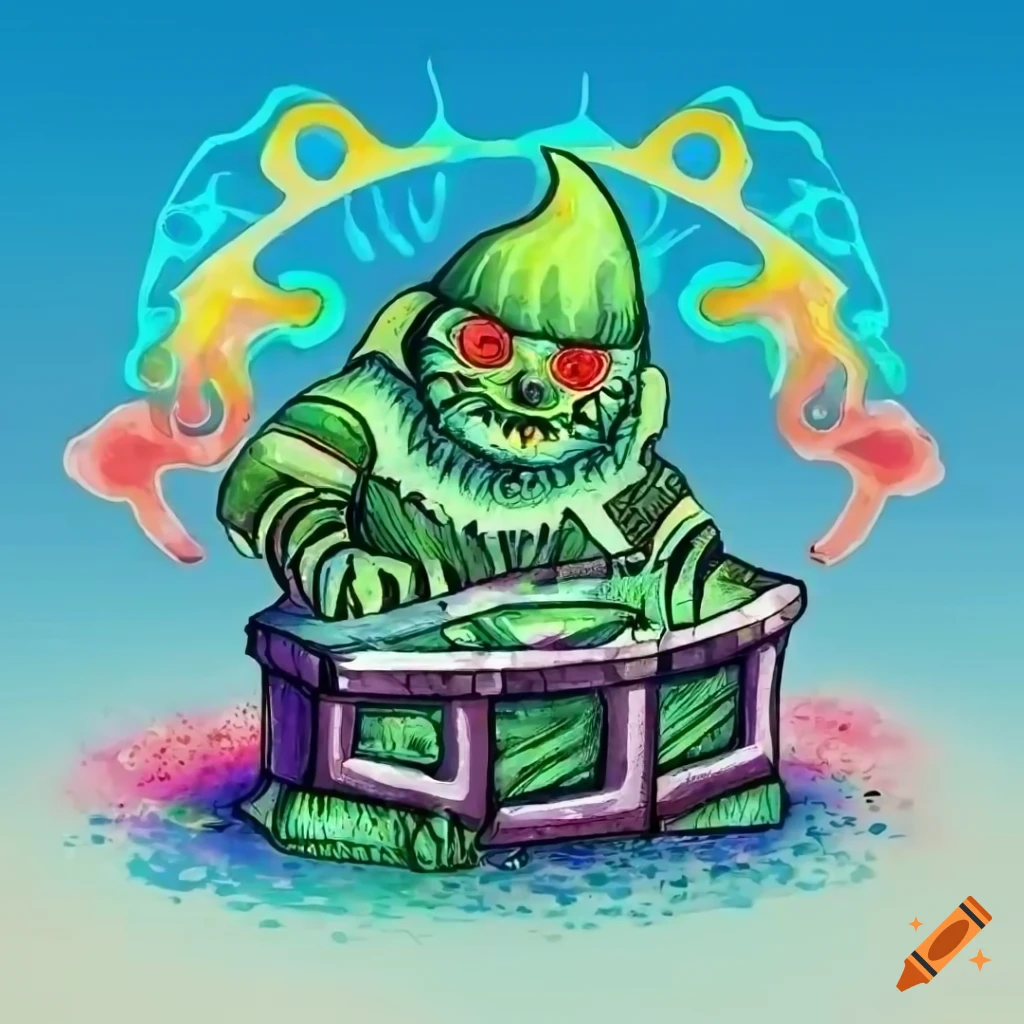 Inuit folk art of gnomes mining Pandora's box with devils flowing out, colorful watercolor