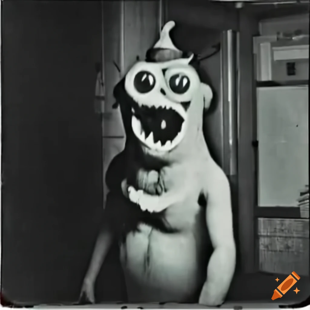 Colorful children's mascot monster in a school hallway from a VHS recording