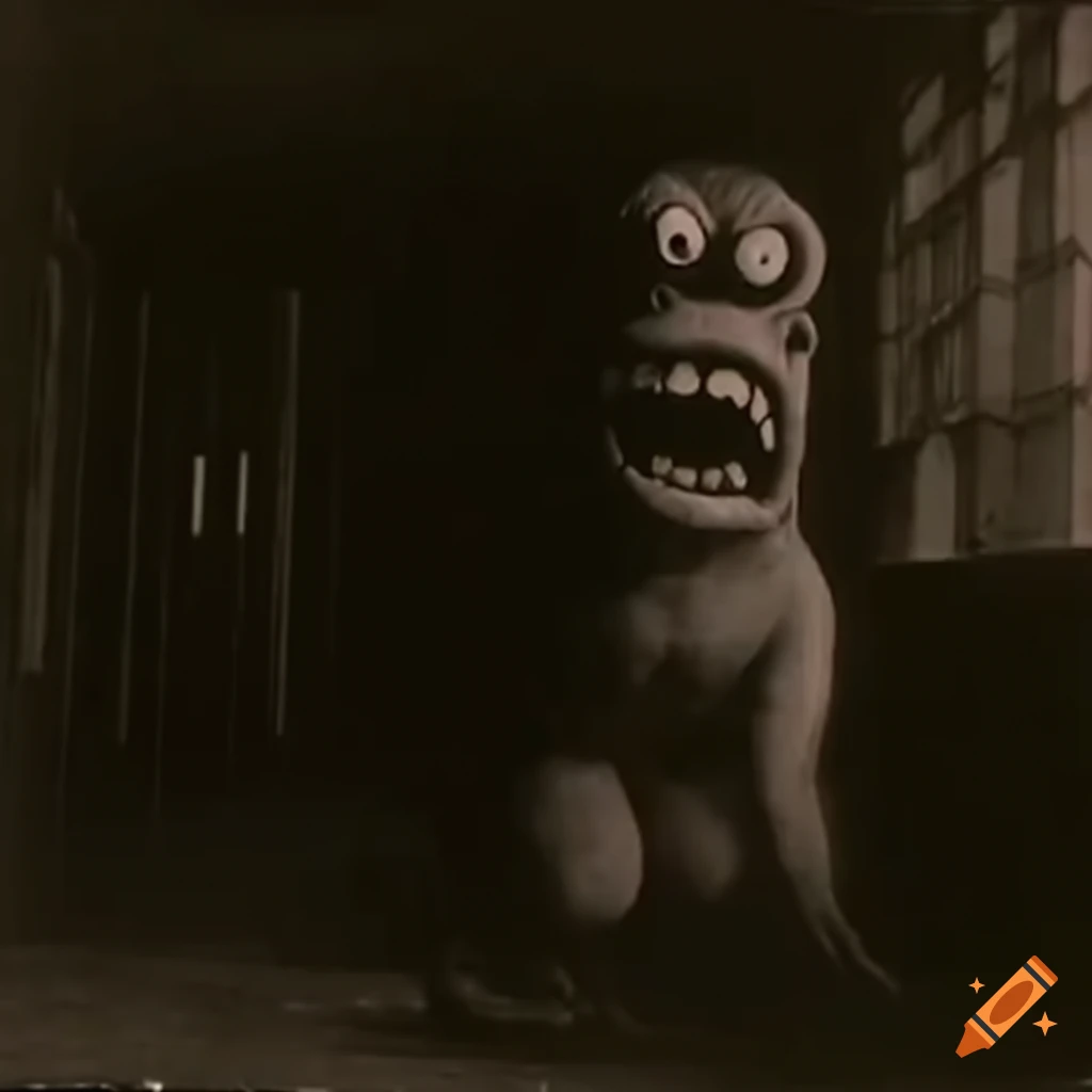 Colorful children's mascot monster crawling through a dark elementary school