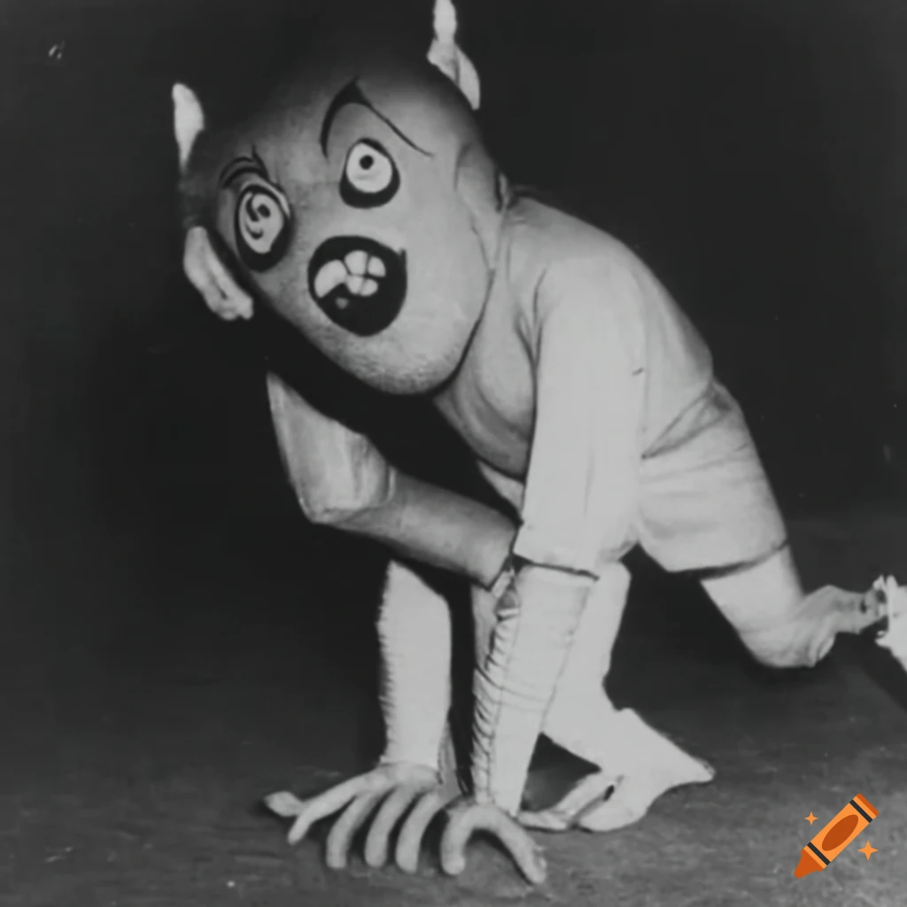 Colorful children's mascot monster crawling through a dark elementary school