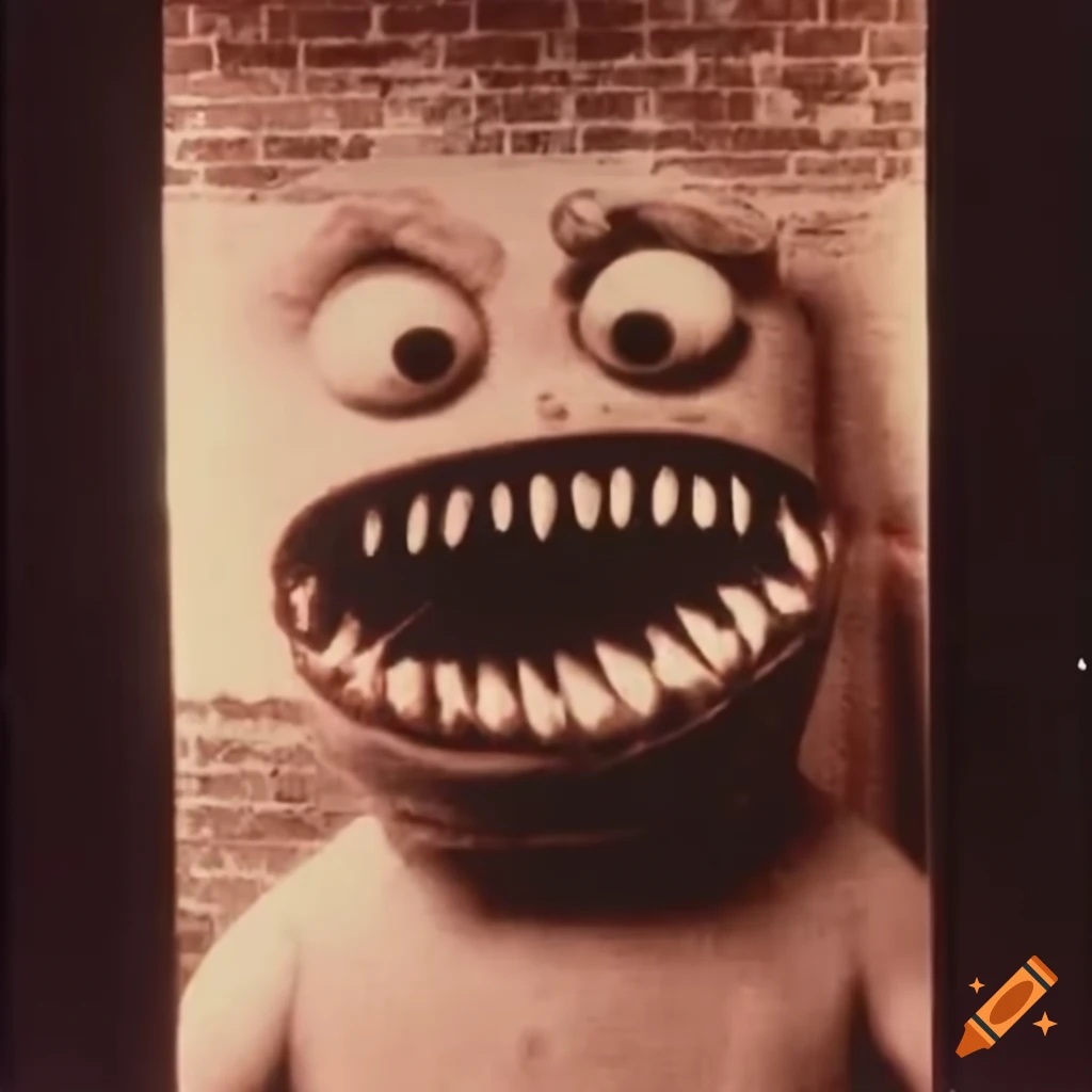 Colorful children's mascot monster in a school hallway from a VHS recording