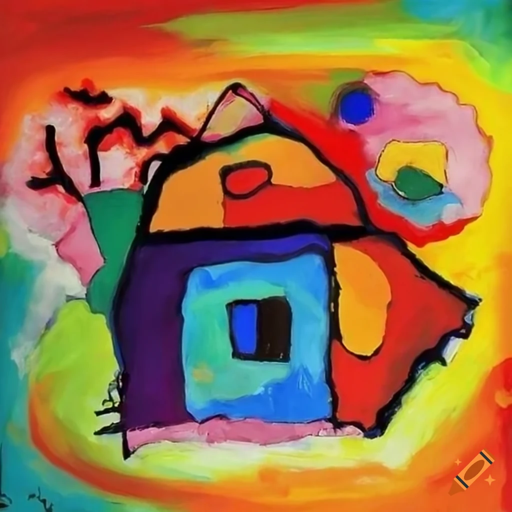 Colorful abstract painting of a house by Kandinsky and Karel Appel
