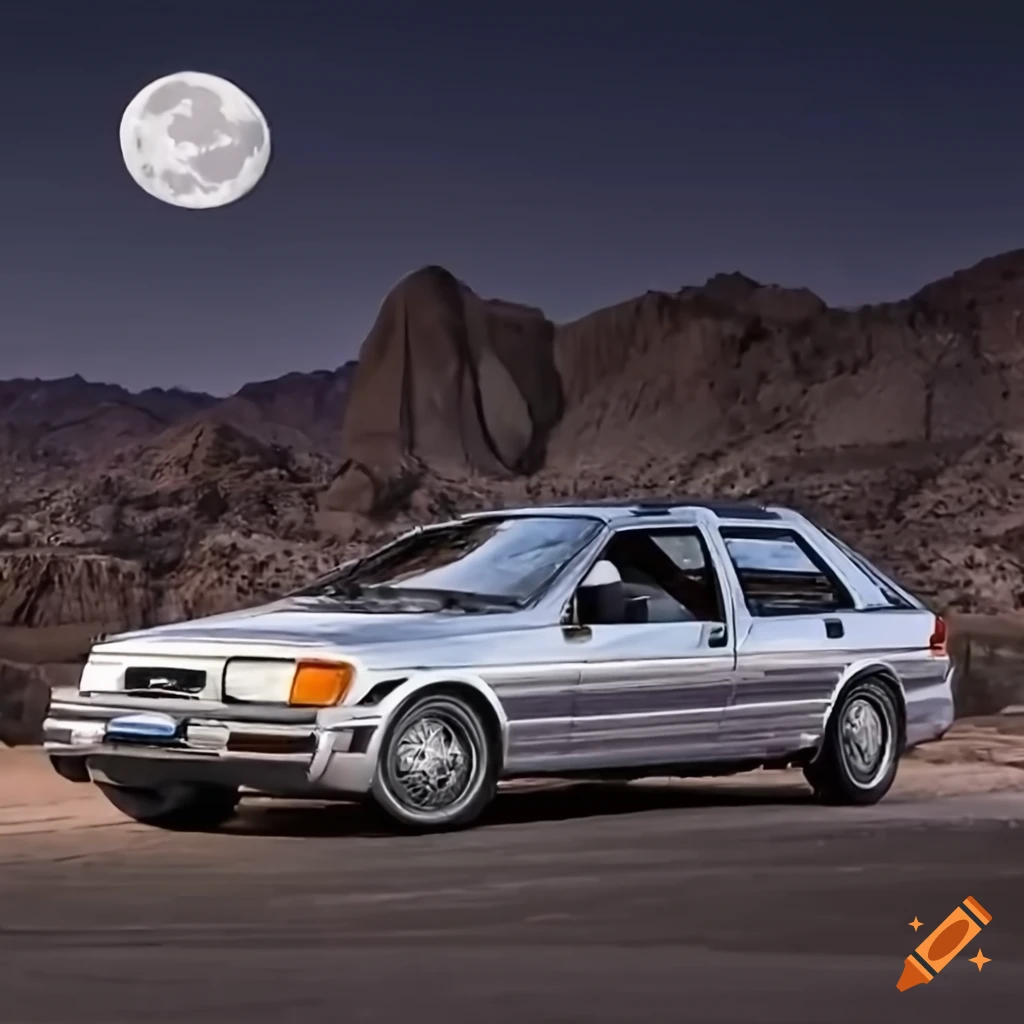 Silver Ford Sierra Mk2 in the Arizona desert under moonlight with howling coyote